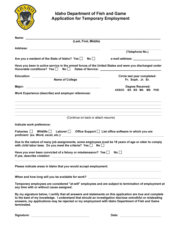 Idaho Fish and Game Application for Temporary Employment  Fishandgame Idaho  Form