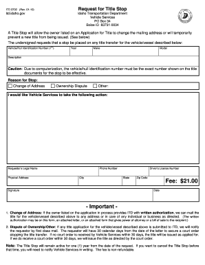 Idaho Request for Title Stop Form