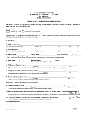 Application for Idaho Podiatry License Form