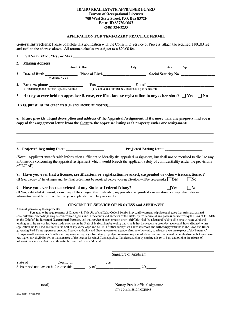 Idaho Temporary License for Real Estate Appraiser Form