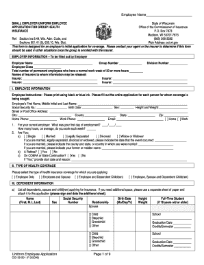  Small Employer Uniform Employee Application for Group Health Insurance Wisconsin 2010
