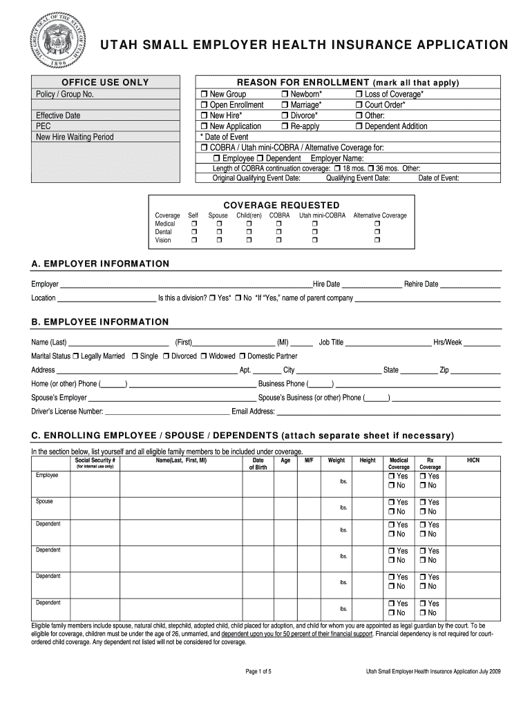  Utah Health Insurance Application  Form 2009