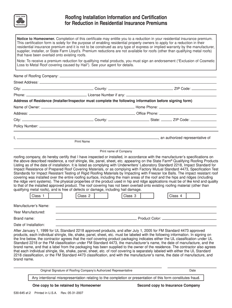  Roofing Installation Information and Certification for Reduction in Residential Insurance Premiums 2007-2024