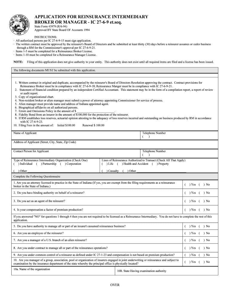 APPLICATION for REINSURANCE INTERMEDIARY BROKER or    in  Form