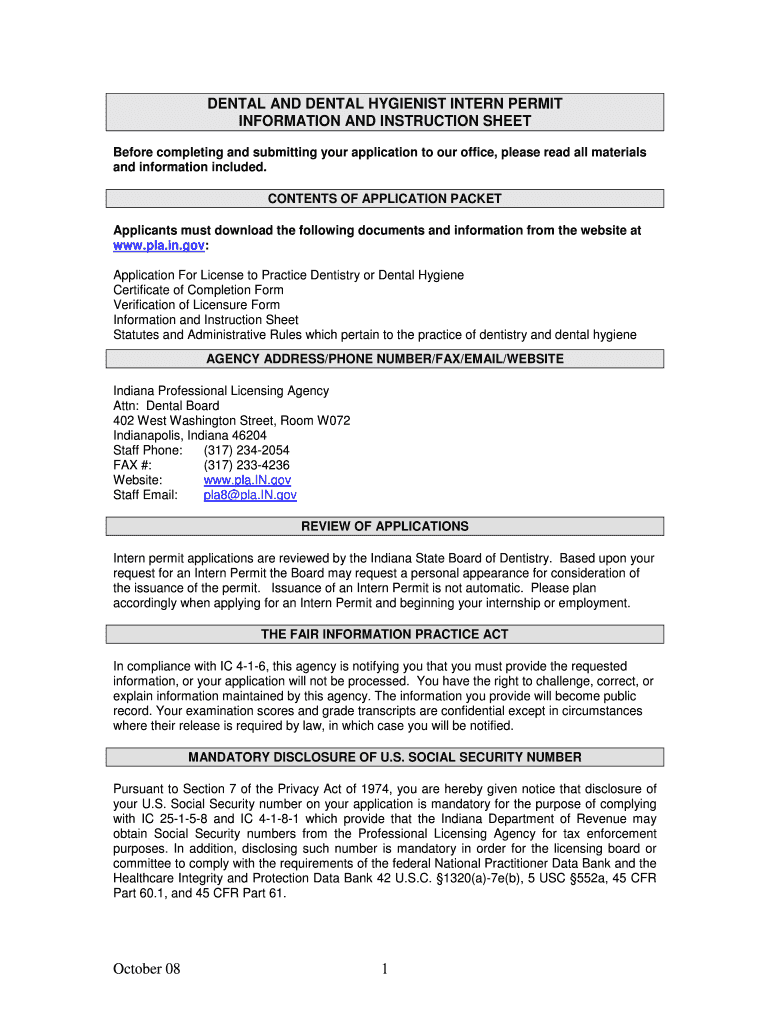 Dental Intern Permit State of Indiana in  Form