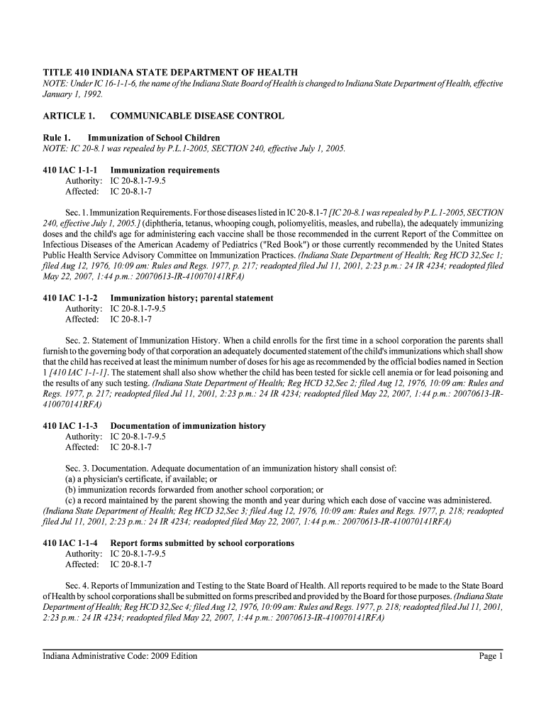 410 IAC 1 Communicable Disease Control  in  Form