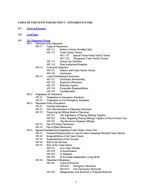 TABLE of CONTENTS for SECTION 4 CHILDREN in CARE 401 Scope and in  Form