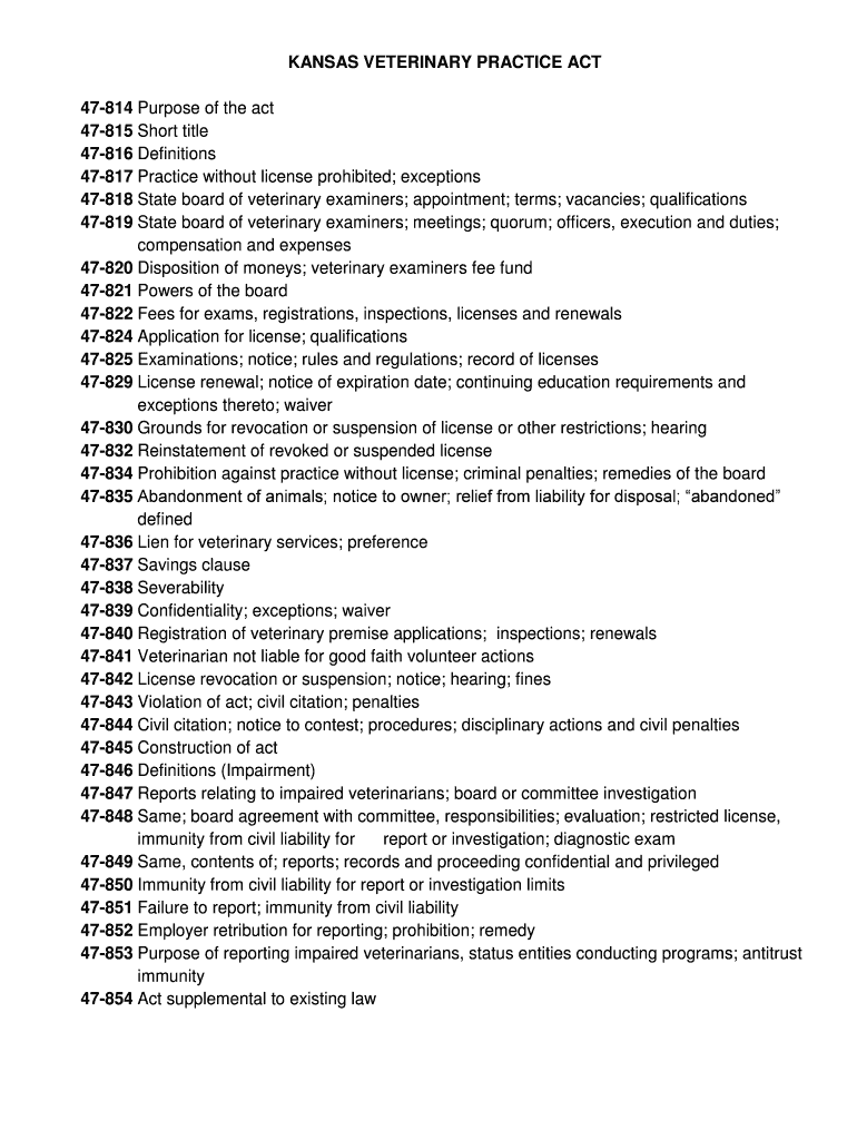 KANSAS VETERINARY PRACTICE ACT 47 814    Kansas  Gov  Kansas  Form