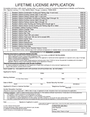 Louisiana Lifetime Hunting License  Form