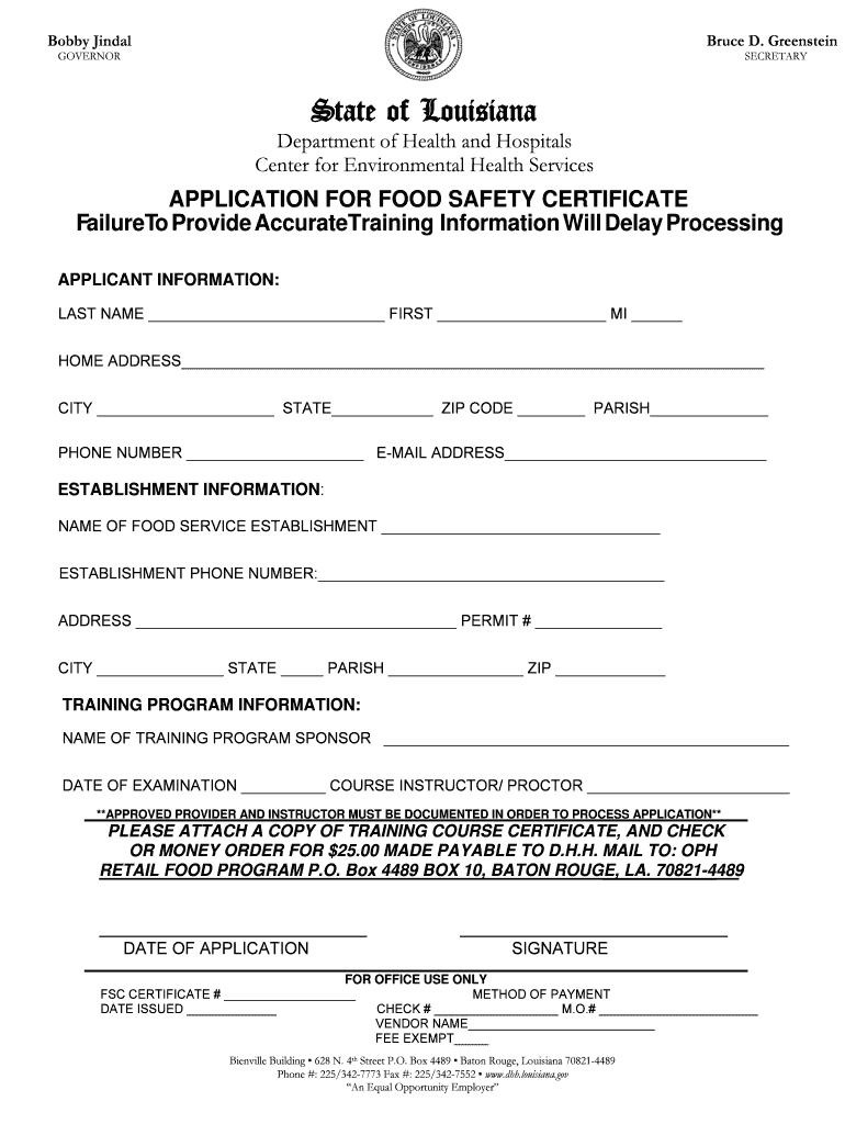 Certification for Food Safety  Form
