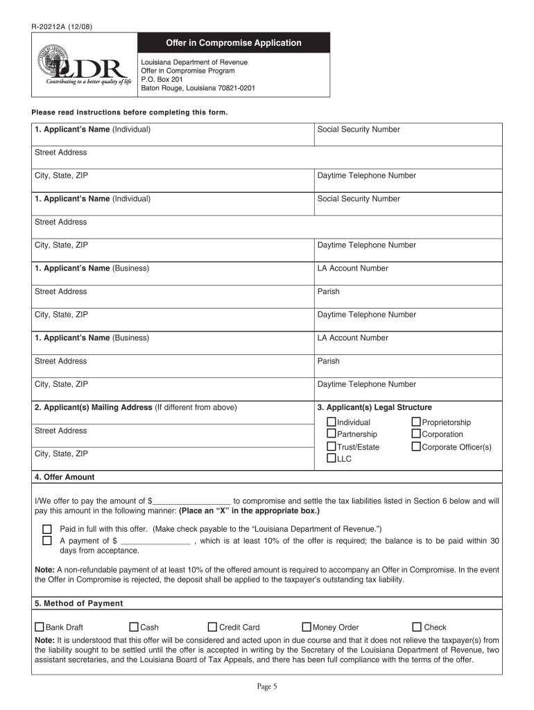  La Dept of Revenue Mailing Address for Offer in Compromise Form 2011-2024