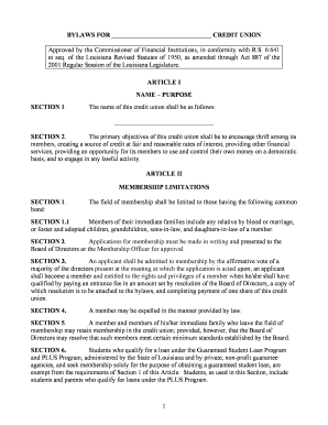 1 BYLAWS for CREDIT UNION Approved by the Commissioner of Ofi Louisiana  Form