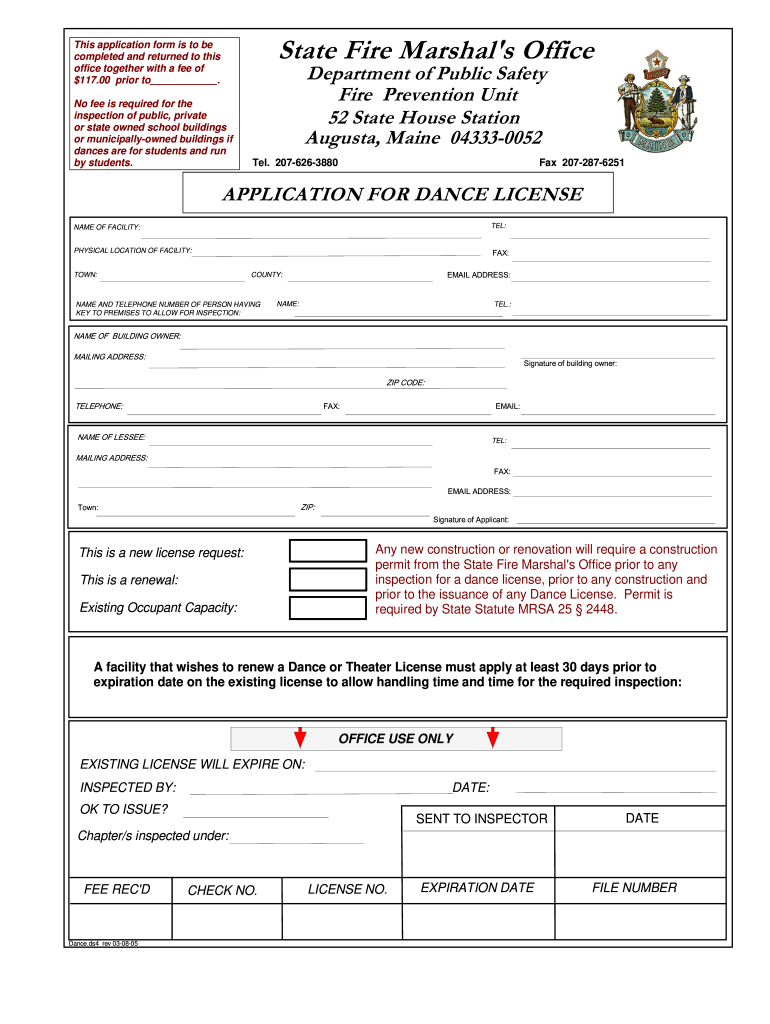 Maine Dance Application License  Form