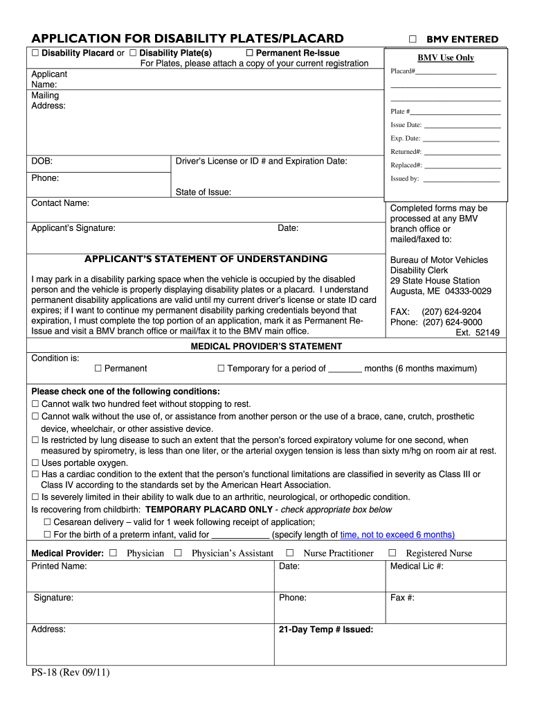  Maine Application for Disability Placard Reissue Form 2011