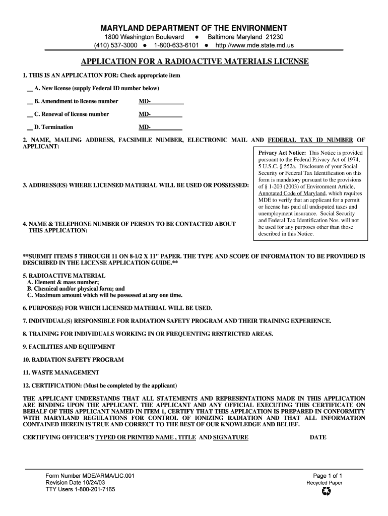 Maryland Radioactive Materials Application PDF  Maryland    Mde Maryland  Form