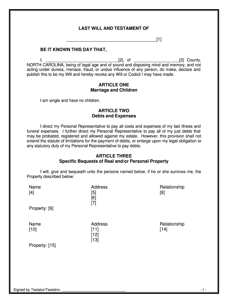 North Carolina Legal Last Will and Testament Form for Single Person with No Children