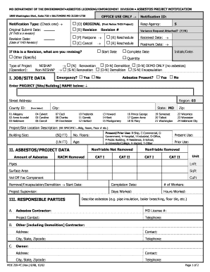 Md Department of the Environment Asbestos Licensing Enforcement Division Asbestos Project Notification Form