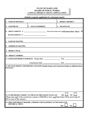 STATE of MARYLAND BOARD of PUBLIC WORKS CAPITAL PROJECT GRANT APPLICATION Dgs Maryland  Form