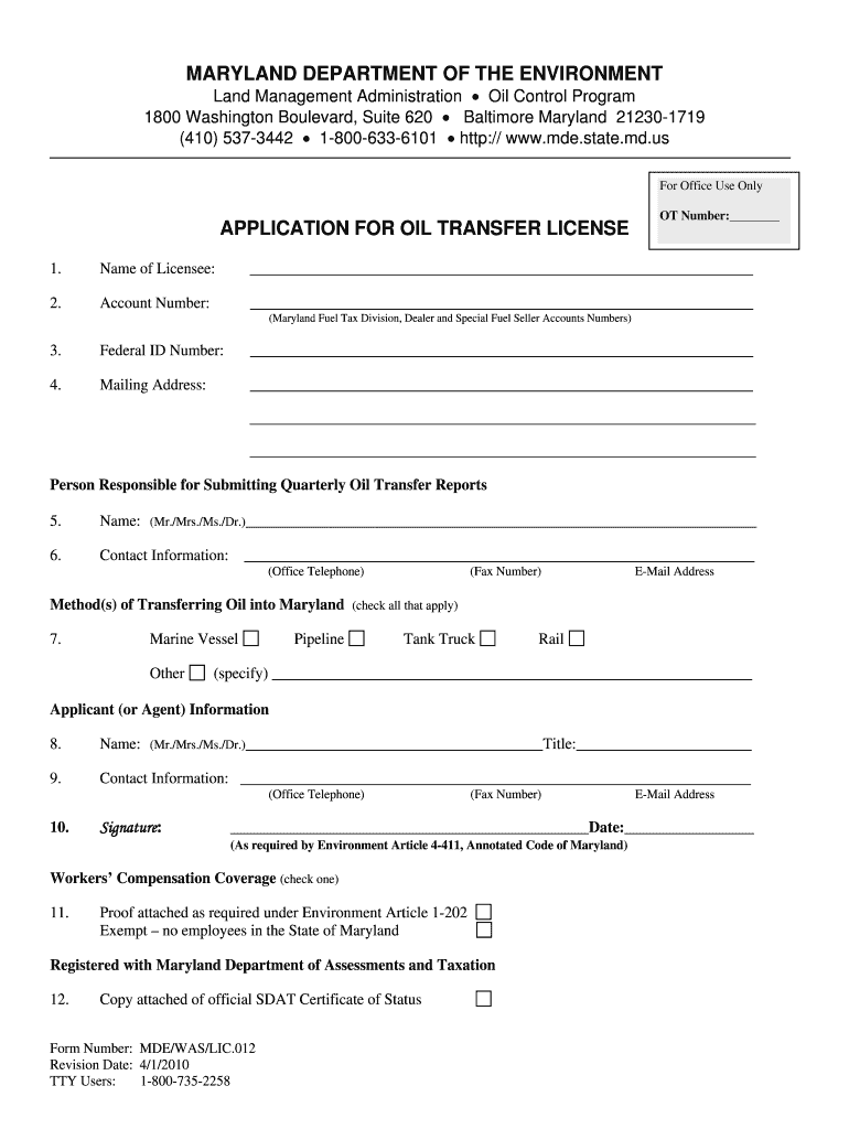 Application for Oil Transfer License Mde Maryland  Form