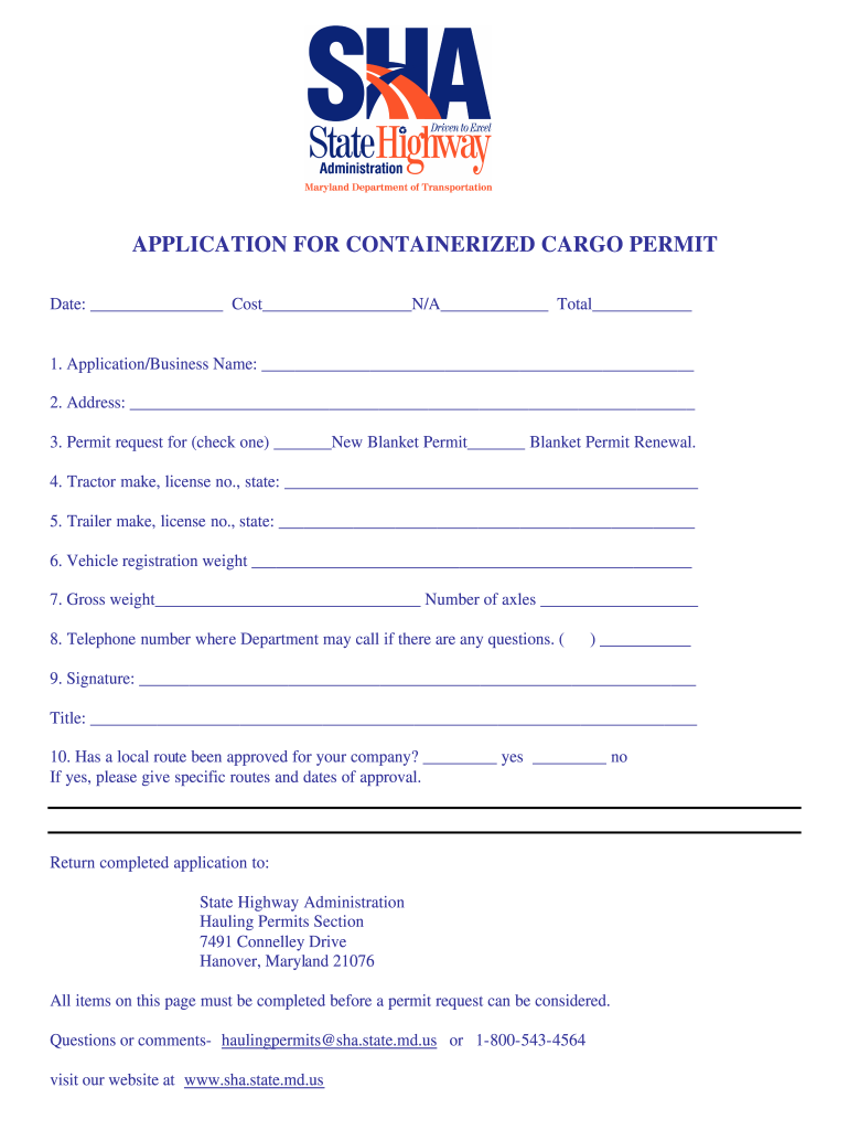 Containerized Cargo Permit Maryland  Form