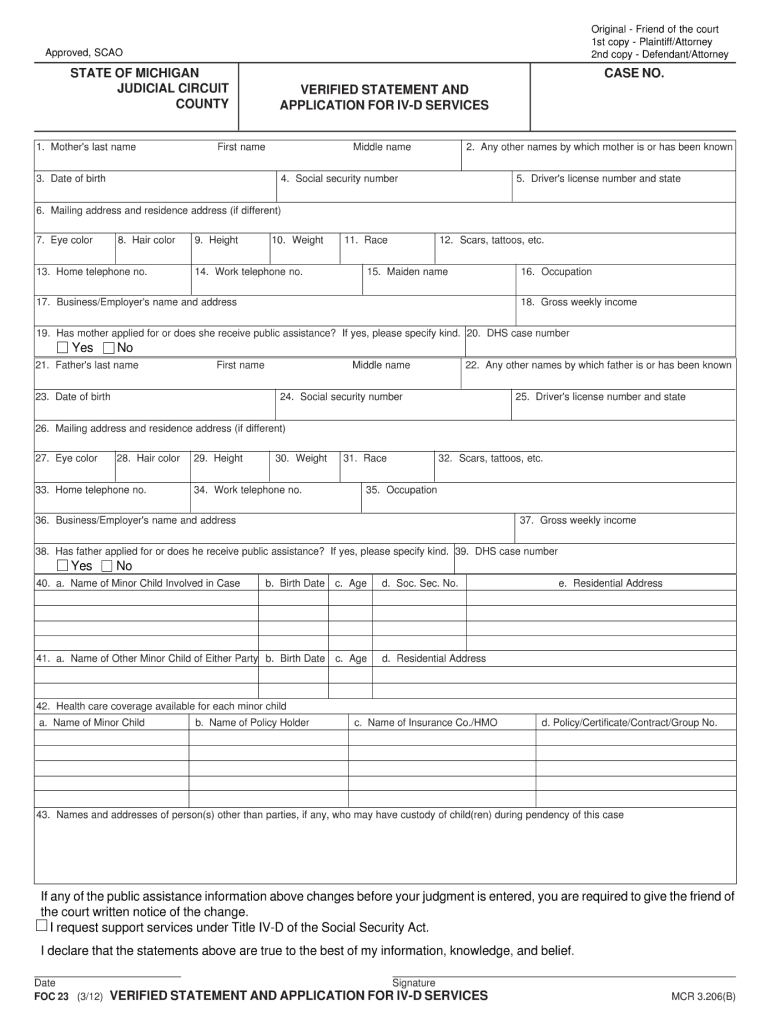  Verified Statement and Application for Iv D Services Michigan Form 2016