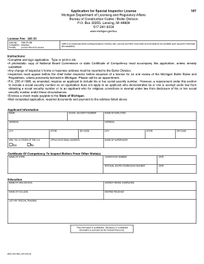 Application for Special Inspector License State of Michigan Michigan  Form
