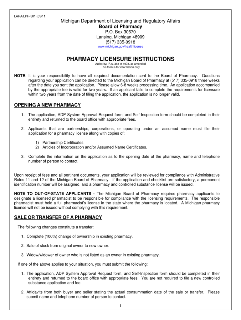  PHARMACY LICENSURE INSTRUCTIONS  State of Michigan  Michigan 2011-2024