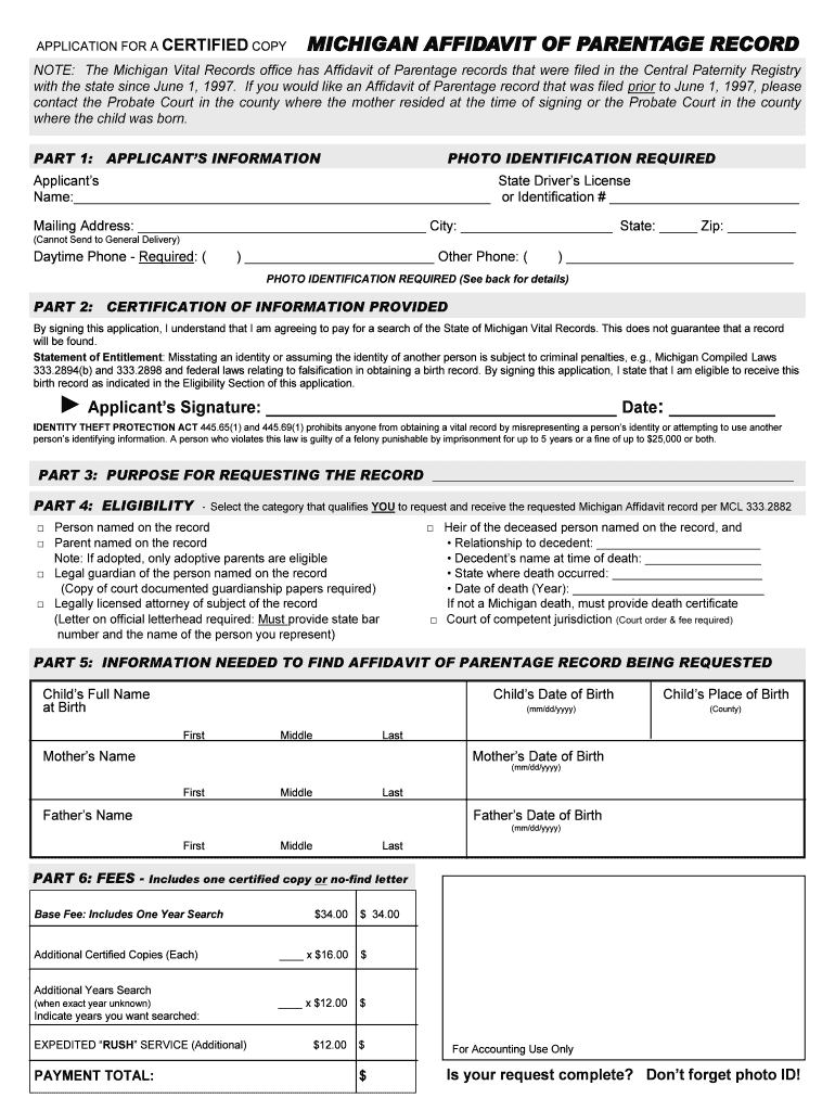 MICHIGAN AFFIDAVIT of PARENTAGE RECORD  Michigan  Form