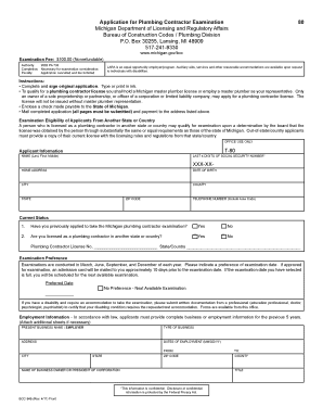 Application for Plumbing Contractor Examination State of Michigan Michigan  Form