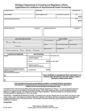 S 110l Application for Certificate of Manufactured Home Ownership  Form