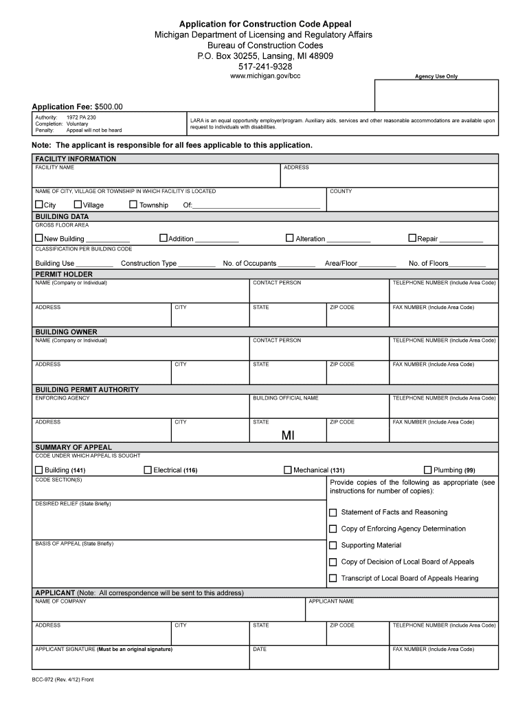 Application for Construction Code Appeal Michigan Department of Michigan  Form