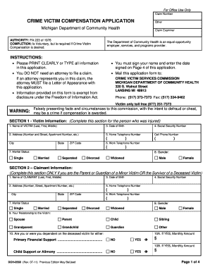 Michigan Department of Community Health Crime Victim Compensation Application Form