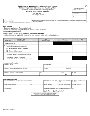 Application for Manufactured Home Community State of Michigan Michigan  Form