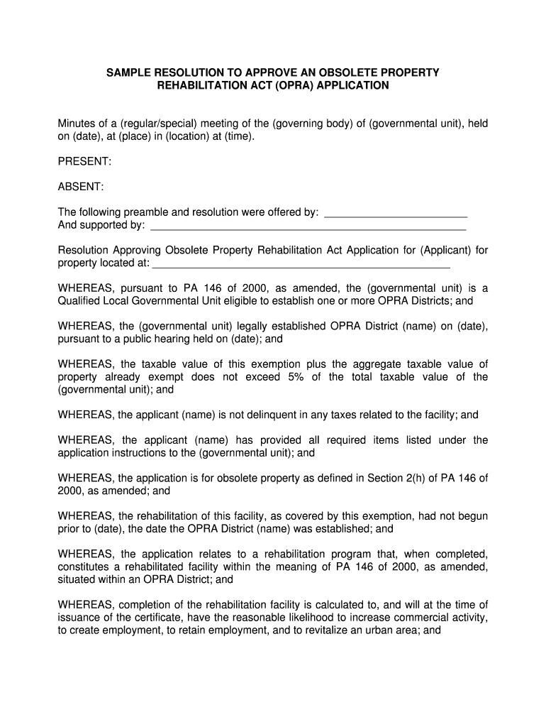 SAMPLE RESOLUTION to APPROVE an OBSOLETE PROPERTY Michigan  Form