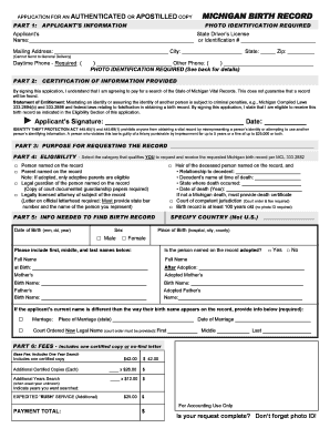  Michigan Birth Record Fillable Form 2013