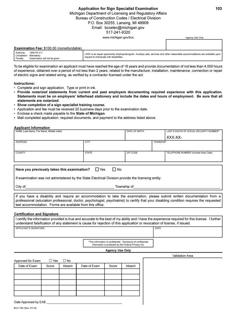 Application for Sign Specialist Examination  State of Michigan  Michigan  Form