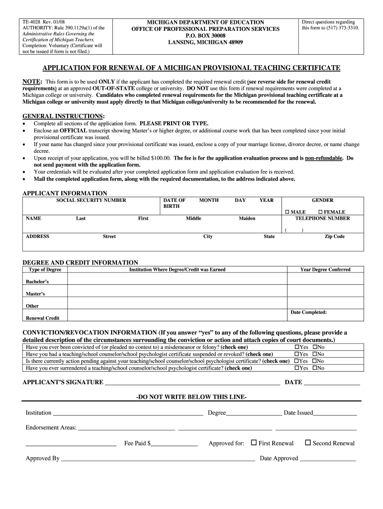 APPLICATION for RENEWAL of a MICHIGAN PROVISIONAL Michigan  Form