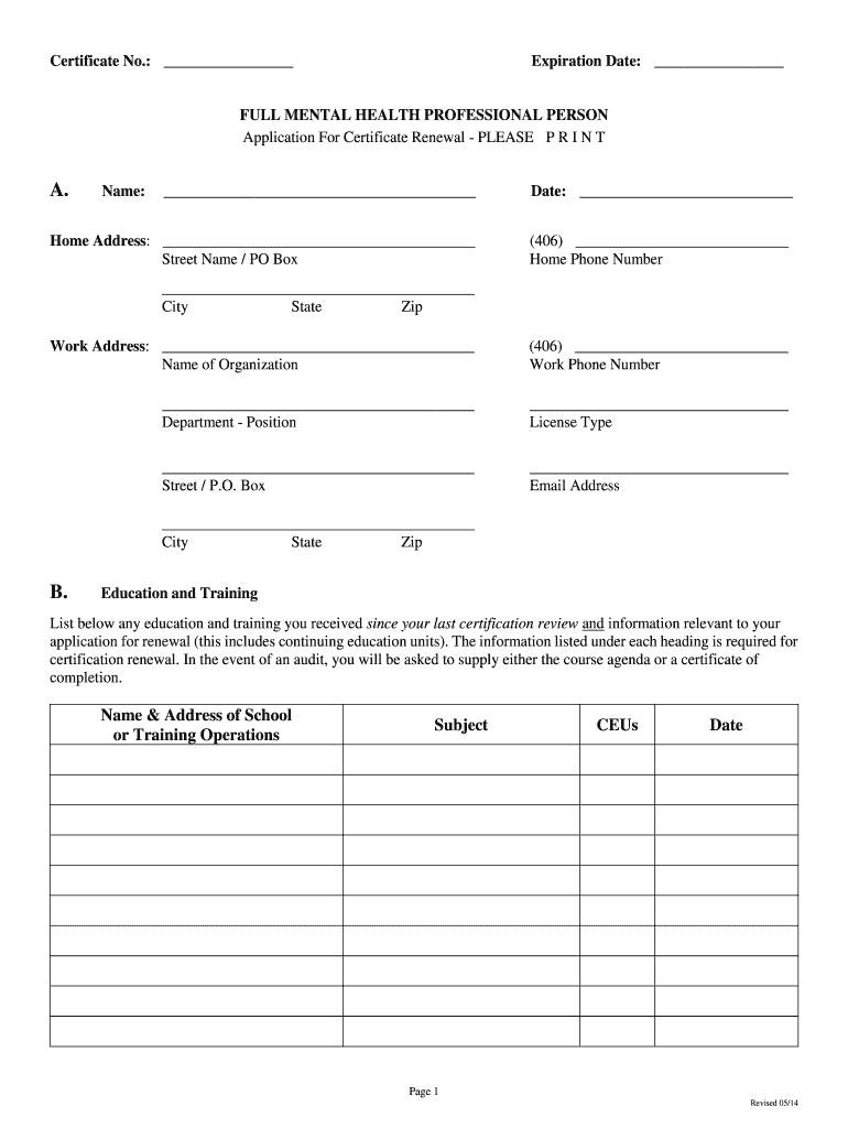 Mental Health Professional Person Application for Certificate Renewal Dphhs Mt  Form