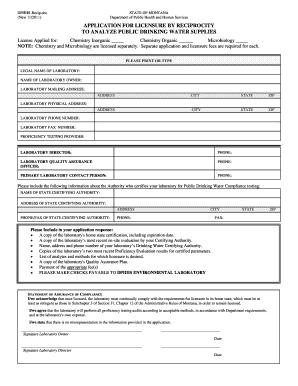 Application for Licensure by Reciprocity to Analyze Public Drinking Dphhs Mt  Form