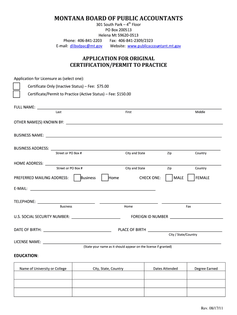 MONTANA BOARD of PUBLIC ACCOUNTANTS Montana DLI Bsd Dli Mt  Form