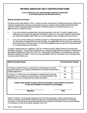 Retired Annuitant Self Certification Form Dpa 715