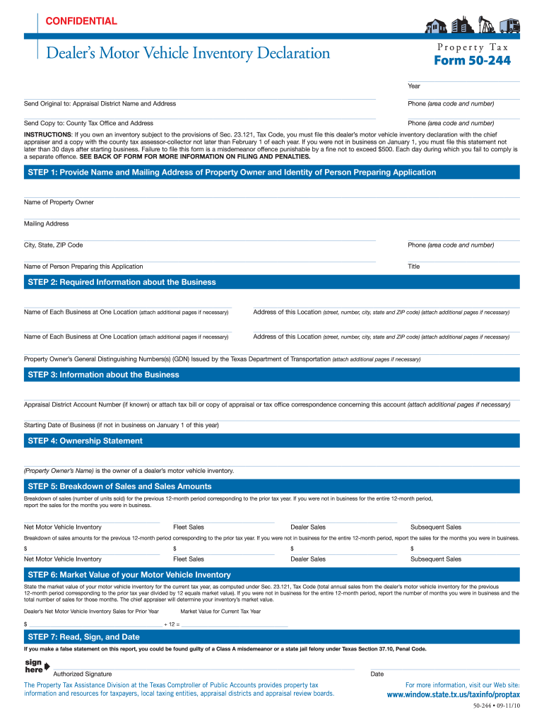 50 244 Dealer&#39;s Motor Vehicle Inventory Declaration  Window State Tx  Form