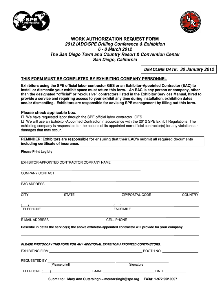  Work Authorization Form 2012-2024