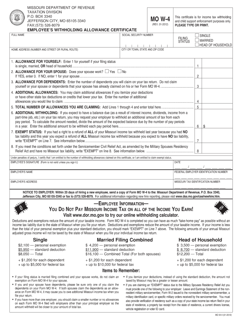 Missouri Form W 4 Fill Out and Sign Printable PDF Template signNow