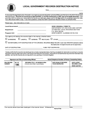 Local Government Records Destruction Notice Fillable Form