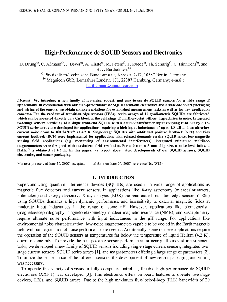 High Performance Dc SQUID Sensors and Electronics  IEEE  Ewh Ieee