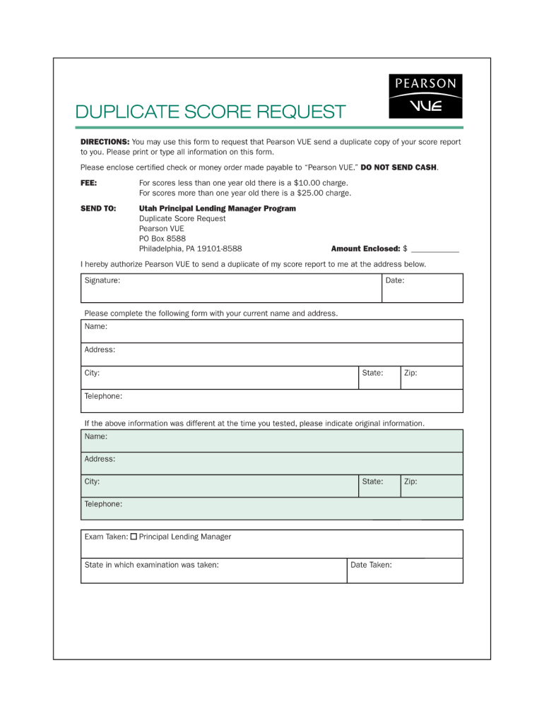 Pearson Vue Duplicate Score Report  Form