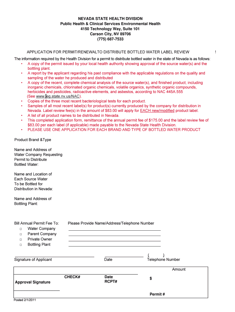 Nevada State Health Application for Permitrenewal to Distribute Bottled Water Label Review Form