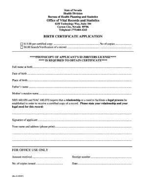 Birth Certificate Nevada  Form