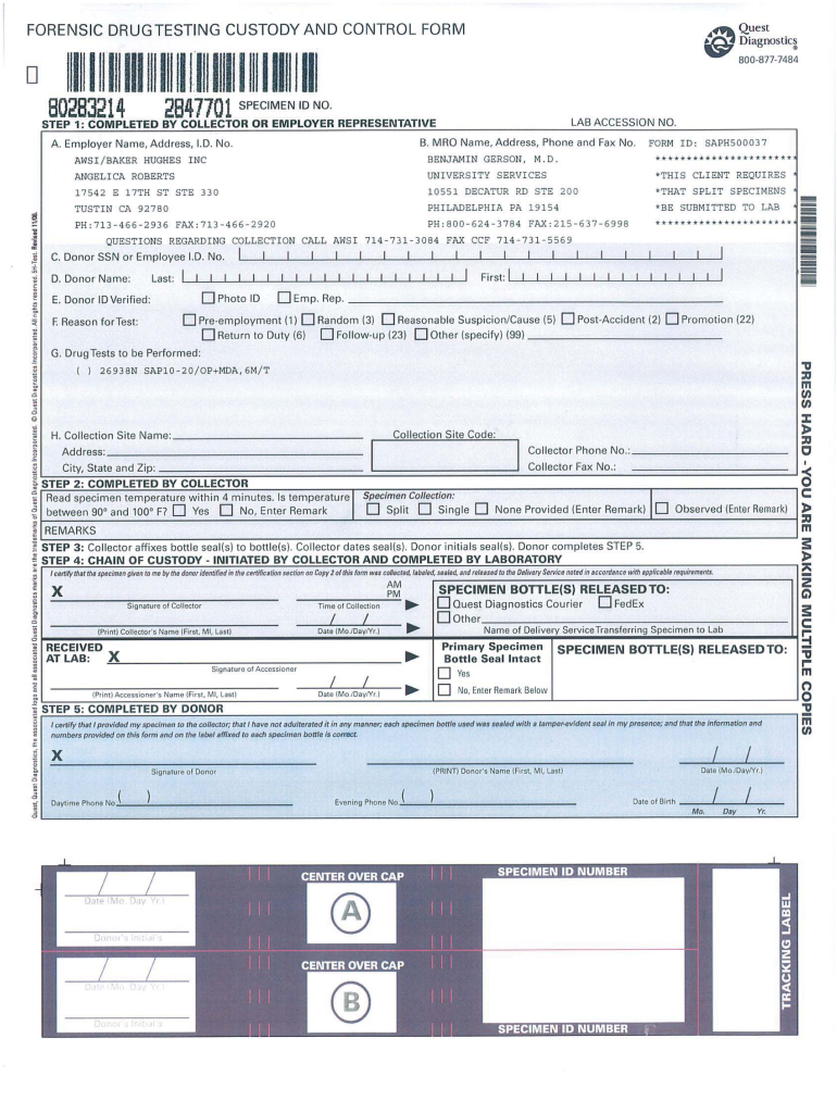 Forensic Drug Testing Custody and Control Form